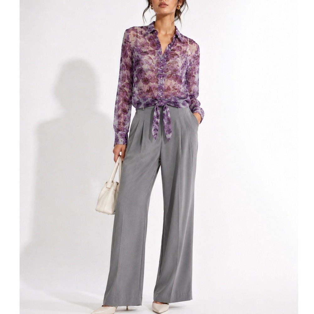 Banana Republic Purple Boho Poppy Floral Chiffon Blouse Sheer Top Tie Bow Size 6